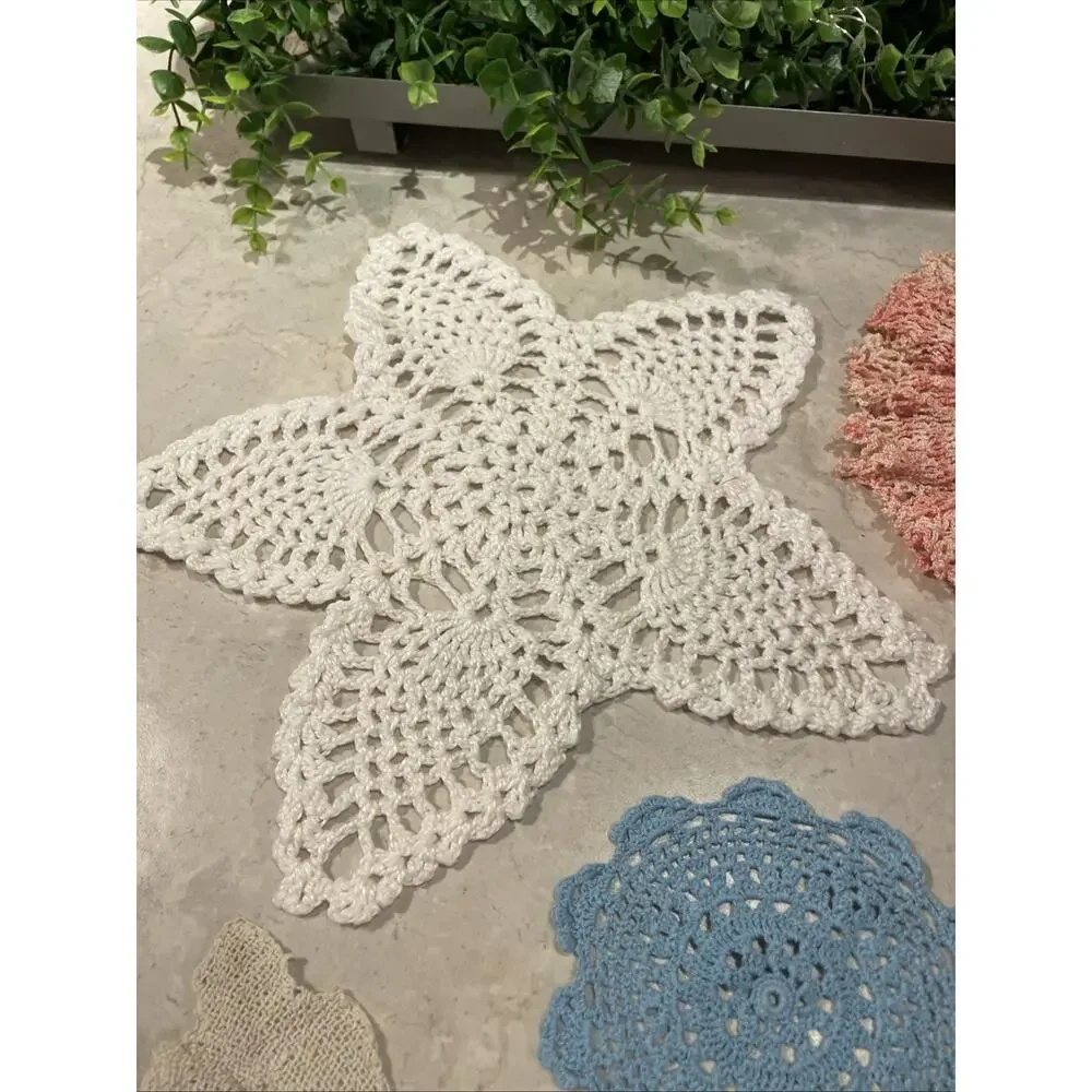 VTG 5 Handmade Crochet Floral Doilies Lot Of 5 Round~Star~rectangle Multicolor